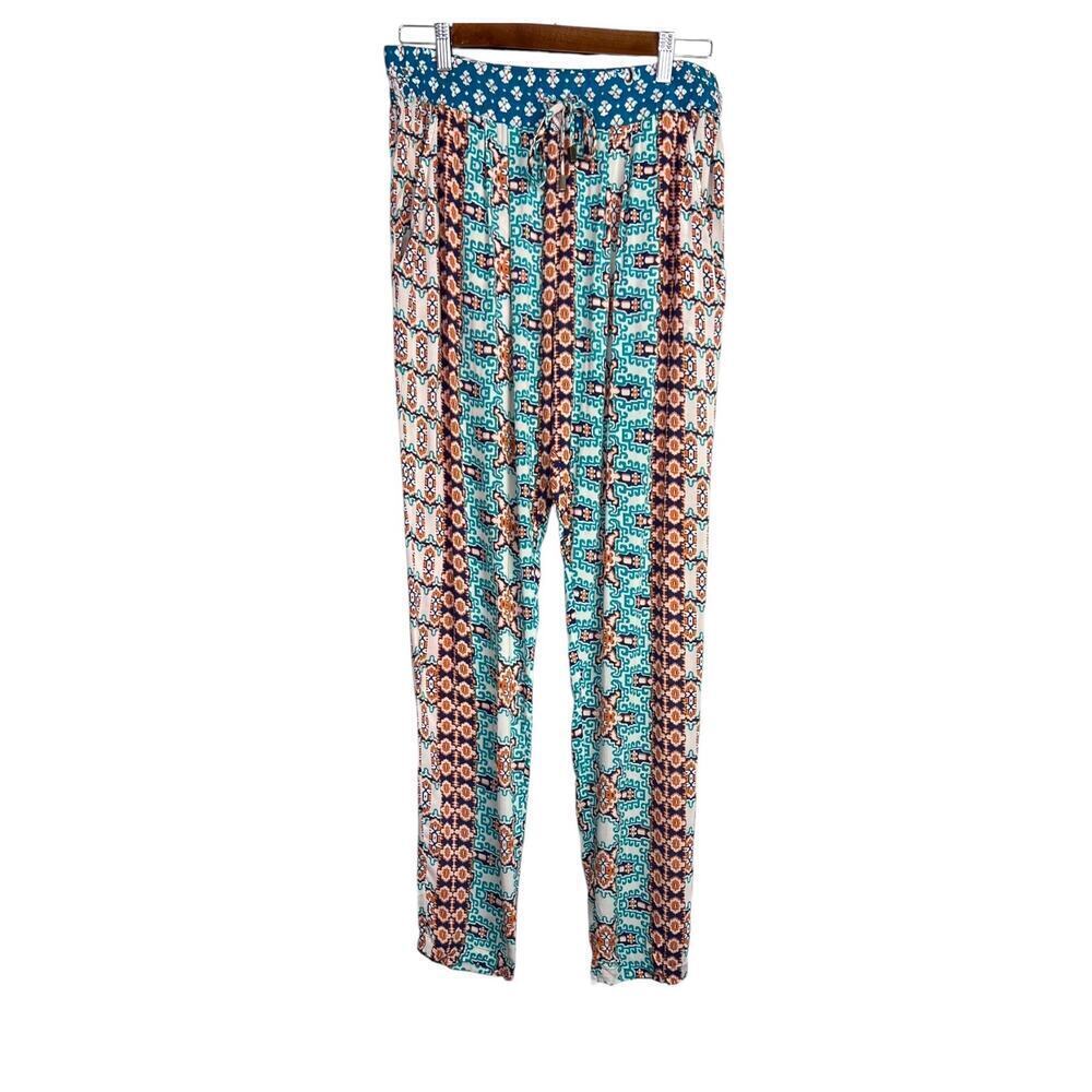 Gypsy 05 Lima Mandarin Print Pants Boho Relaxed Drawstring Teal Women's Medium